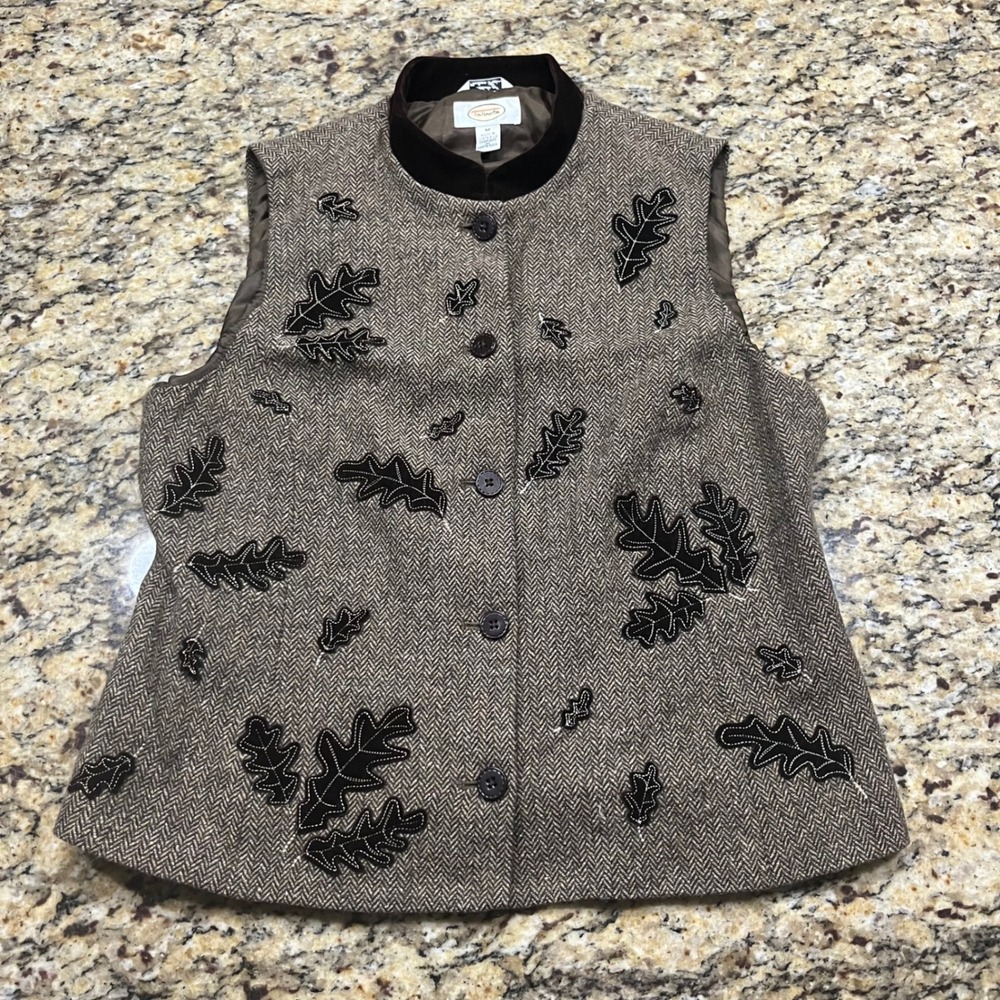 Talbots Brown Herringbone Wool Vest Velvet Oak Leaf Applique Italian Fabric M